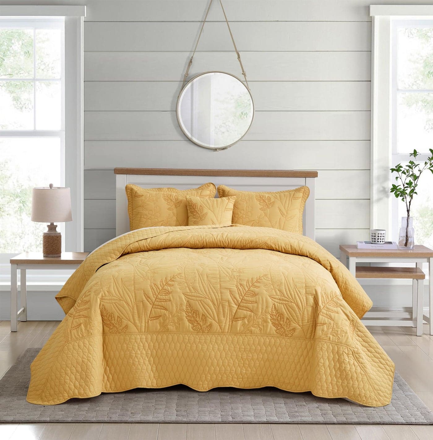 DaisyHuang Botanical Oversized Bedspread King Size Leaves Pattern Stitching Quilt Set Elegant Fresh Style Bedding Coverlets Reversible Lightweight 5 Piece Honey Gold