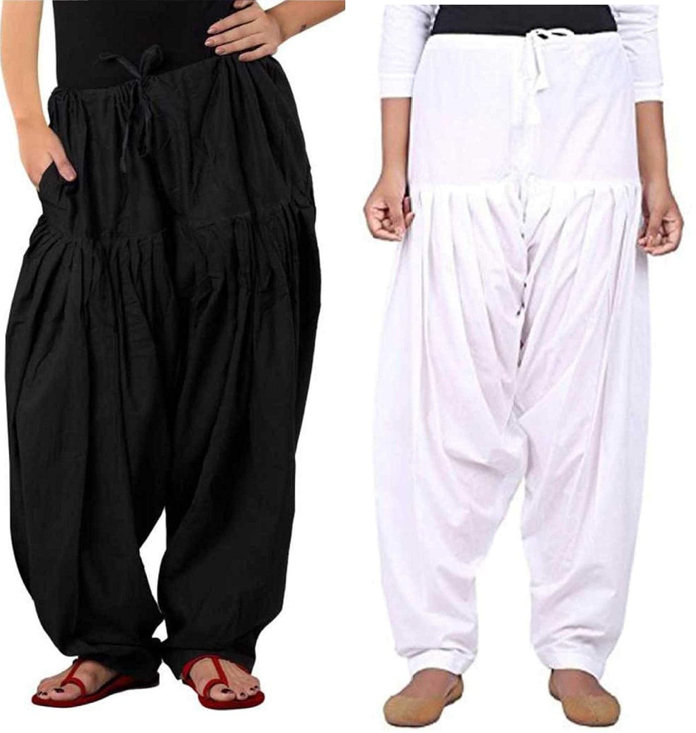 ANARO Black Combo Cotton Patiala Salwar Pants for Womens and Girls (Black and White, 48W X 40L)
