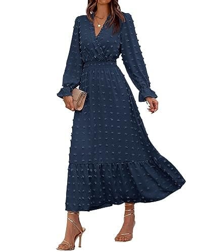 BTFBM Women Fall Maxi Dresses 2025 Long Sleeve V Neck Swiss Dots High Waisted A-Line Ruffle Boho Long Dress Vacation(Navy,Medium)