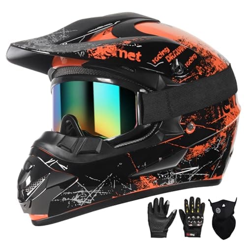 SPARK Dirt Bike Helmets Kids Motorcycle Helmet Youth ATV Motocross Full Face Men Women Off-Road Mountain Bike Helmet Adult with(Gloves Goggles Mask) DOT Approved 4Pcs Set (Orange, Small)