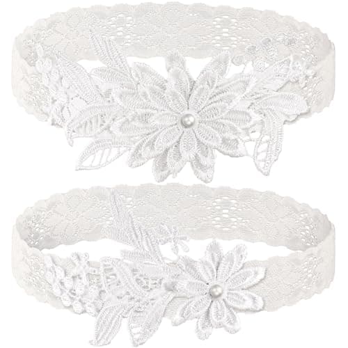 2 Pieces Wedding Garters for Bride Sexy Lace Leg Garter Belt Hand Sewn Faux Pearls Bride Garter Set(Milk White)