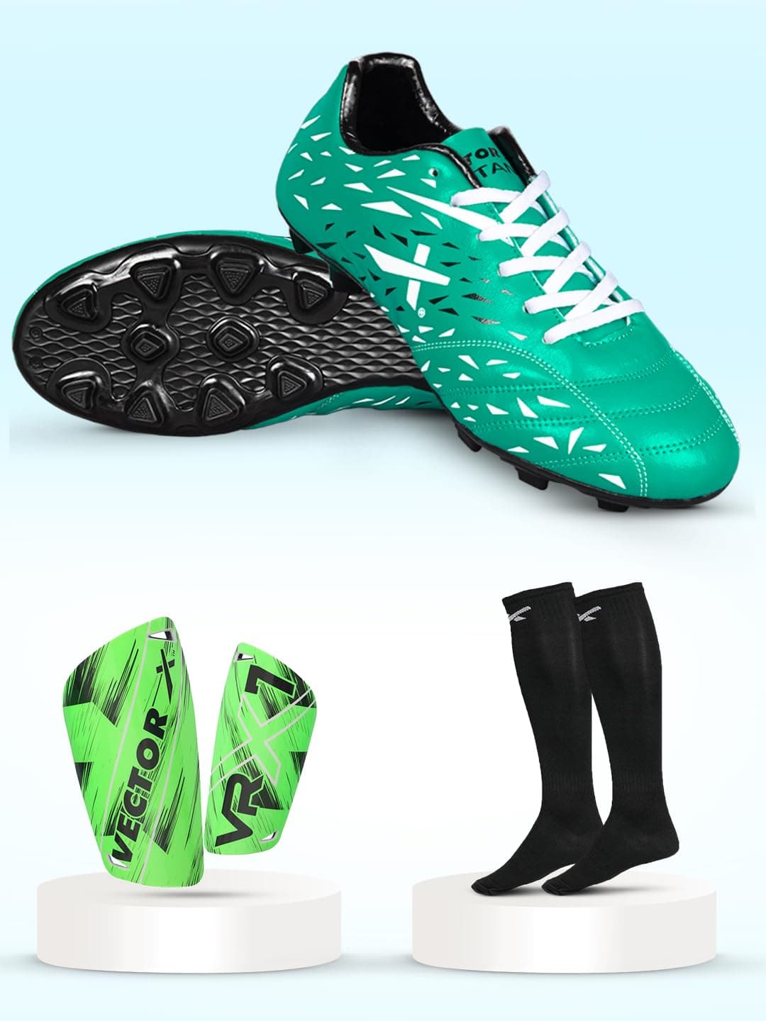 Vector X Combo Titan Football Shoes with Socks & Shinguard Football Shoes for Men (Green,7)
