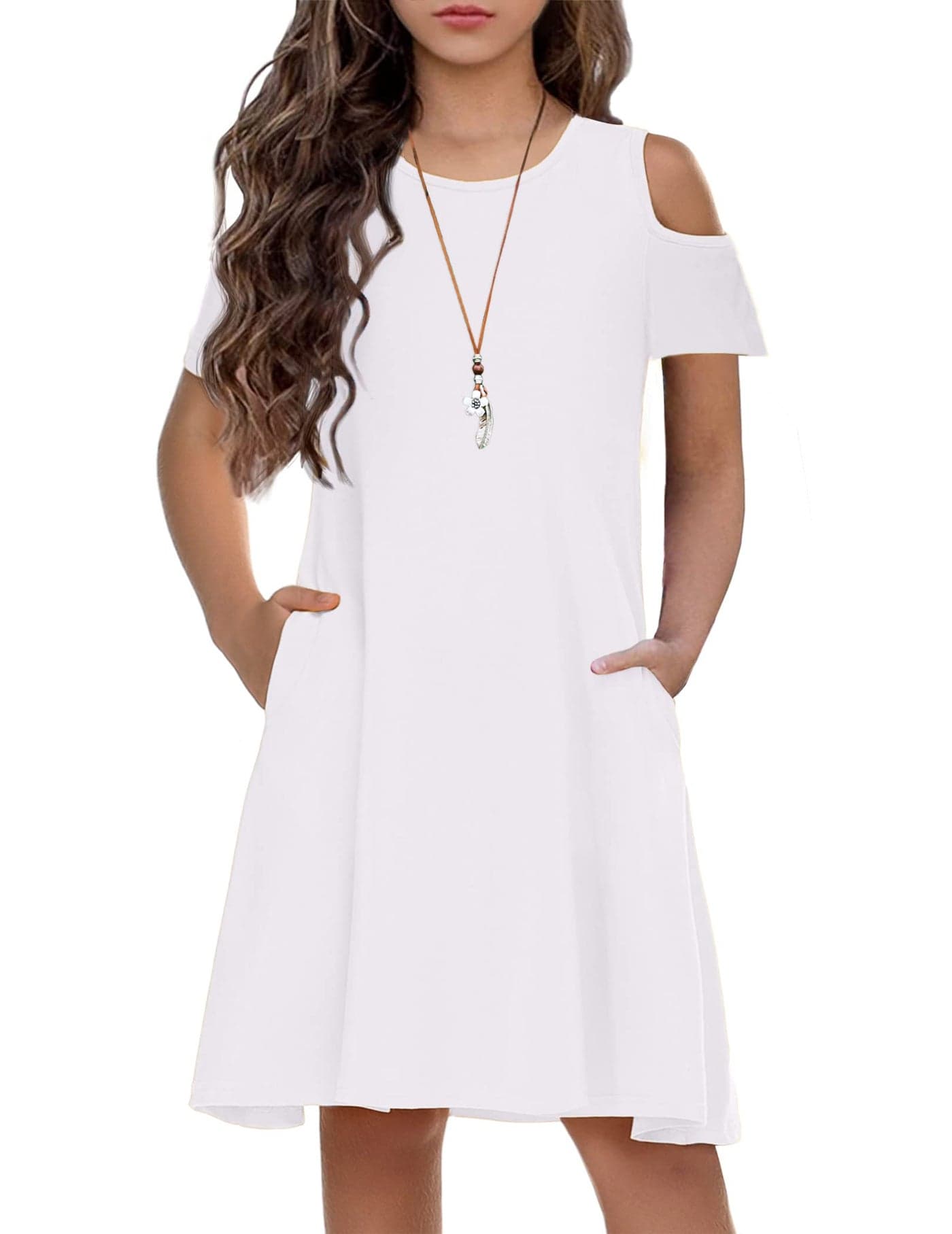 Arshiner Girls Dress Short Sleeve Plain Summer Pockets Sundress White for 11-12 Years