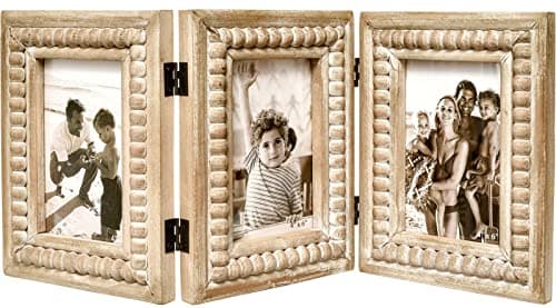 MACVAD Rustic Distressed 3 Photos Folding Picture Frame Collage with Decorative Wood Beads, 3 Picture Frames 4x6 for Table or Wall Hanging, Farmhouse Gift Idea for Family and Friends