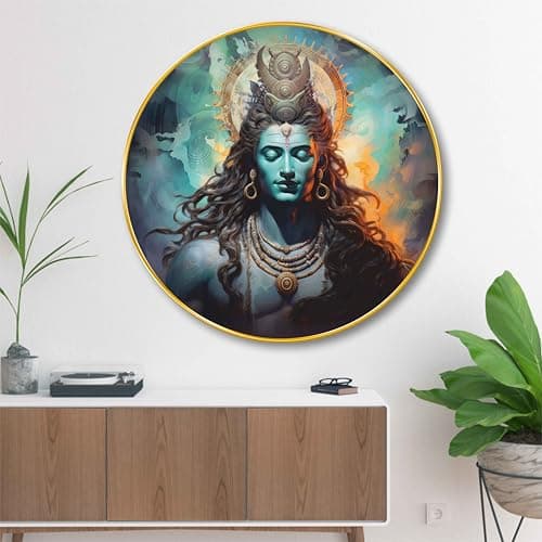 SAF Lord Shiva Round Wall Painting with Golden Frame | Meditating Mahadev Modern Spiritual Wall Art | Divine Hindu Religious Décor for Living Room Bedroom Temple Office (16 X 16 Inch) GRM-254