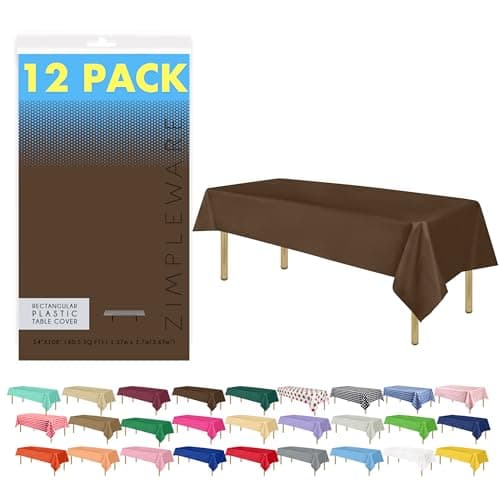 ZIMPLEWARE Premium Brown Plastic Table Cloth Disposable 12 Pk Plastic Tablecloths for Rectangle Tables 54in x 108in Party Table Cloths Disposable for 6ft to 8ft Rectangle Tables