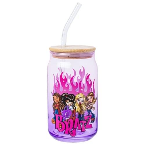 Silver Buffalo Bratz Ombre Flames Glass Tumbler with Bamboo Lid and Glass Straw Featuring Cloe, Jade, Yasmin, and Sasha, 16 Ounces