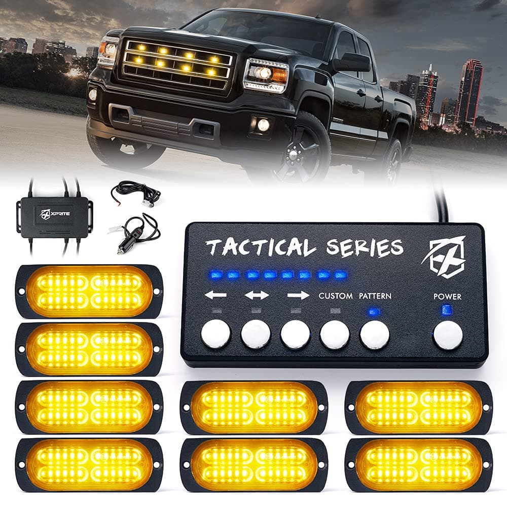 Xprite Amber 24 LED Surface Mount Strobe Lights Kit with Control Panel Grill Grille Side Marker Flashing Emergency Warning Light Assemblies for Construction Vehicles Tow Trucks ATV UTV Vans 8PCS