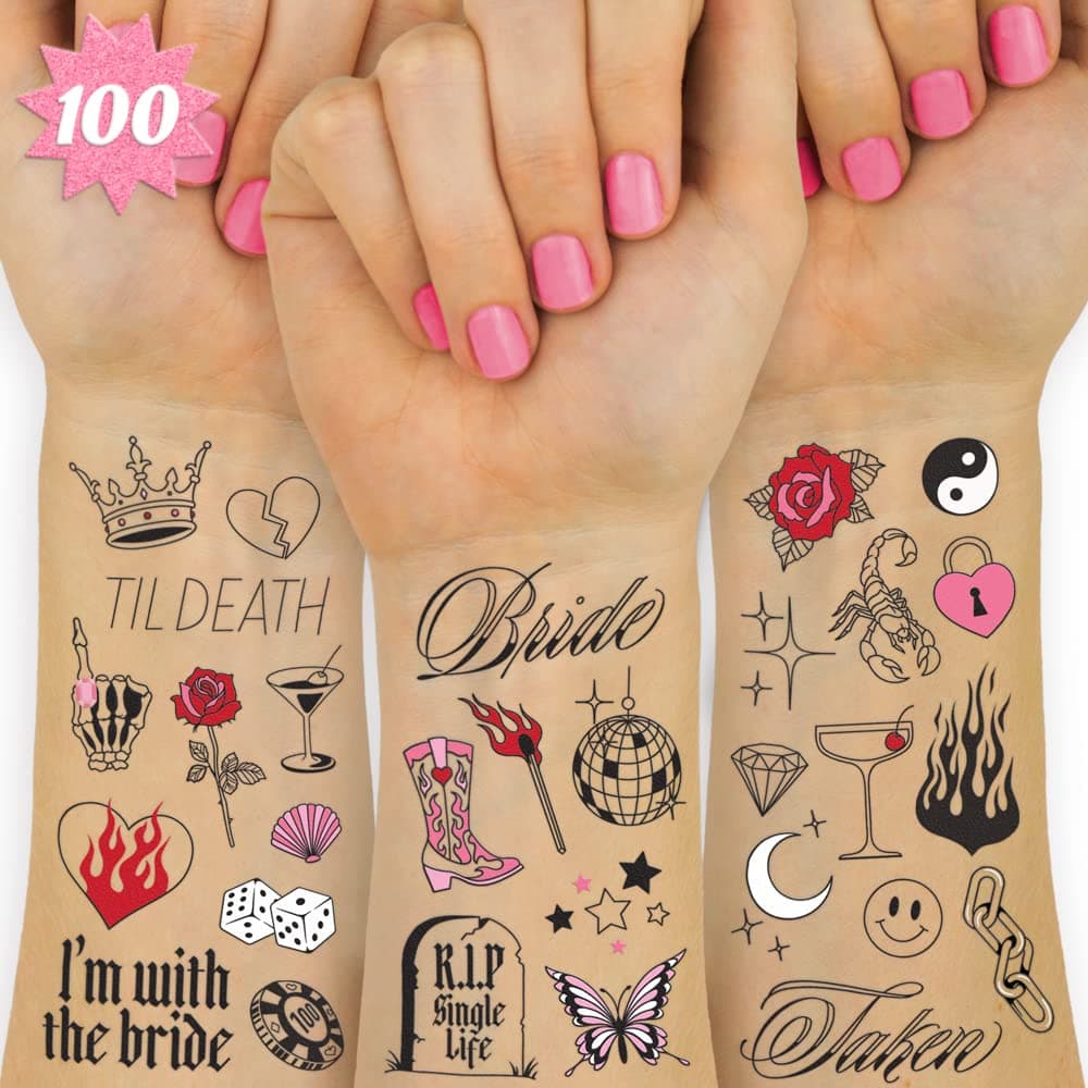 xo Fetti Realistic Bachelorette Temporary Tattoos 100 Foil Styles Bachelorette Party Decoration Bridesmaid Favor Bride to Be Gift Bridal Shower Supplies