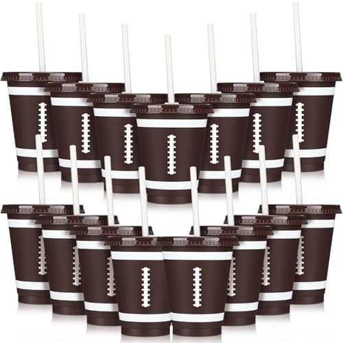 Domensi 20 Pieces Football Party Favors Disposable Football Cups with Lid and Straw Reusable Tumbler Cups 16 oz Disposable Party Favors for Tailgate Sports Foot Ball Themed Birthday