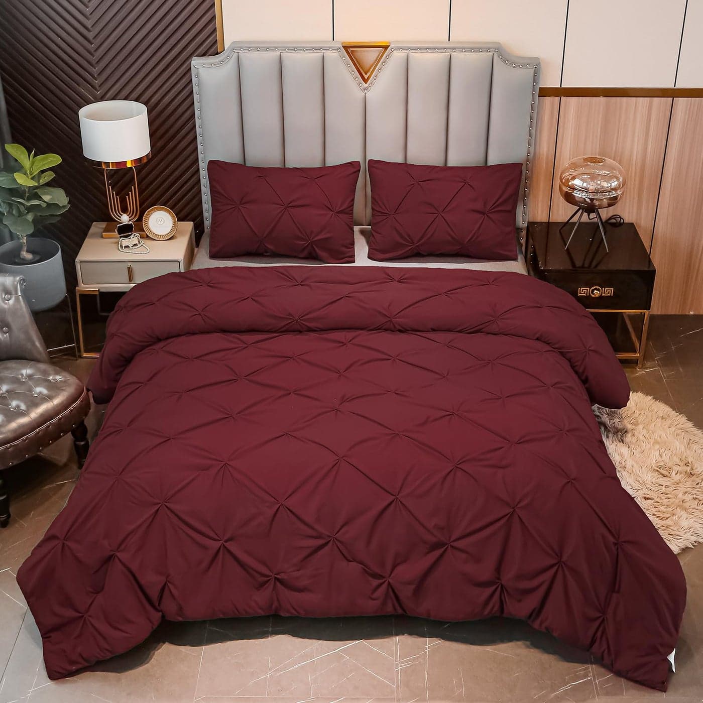 Andency Burgundy Comforter Set King104x90Inch 3 Pieces1 Pinch Pleat Comforter and 2 Pillowcases AllSeason Pintuck Comforter Set Soft Lightweight Microfiber Bedding Set