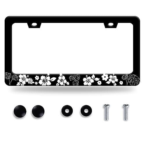 Beautiful Habiscus Flowers License Plate Frame Hawaii Floral Leaves License Plate Stainless Steel Funny Auto Parts Colorful License Plate Decoration Holes Screws Size 123 x 63