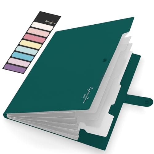 Sooez Accordion File Organizer Letter Size Expanding File Folder with Labels 5 Pocket Folders for Document Portable Paper Bill Receipt Organizer for Home School Office Supplies A4 Size Dark Green