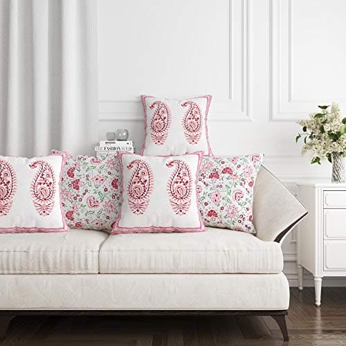 BLOCKS OF INDIA Hand Block Printed Cotton Cushion Cover (16 x 16 inches) (5, Pink-Peach Paisley)