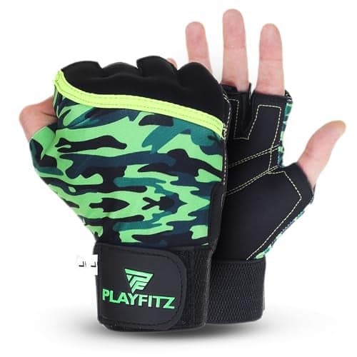 PLAYFITZ® Commando Gym Gloves for Men & Women | Anti-Slip Workout Gloves for Weightlifting, Fitness, Bodybuilding, Crossfit, Exercise & Cycling | Breathable & Padded Grip Gloves (Military, L)