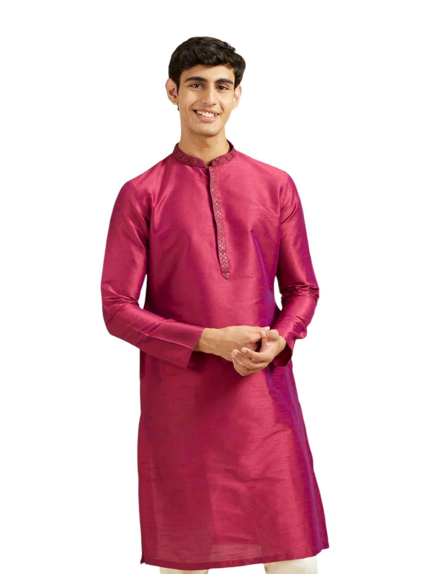 DIWAS BY MANYAVAR Men's Art Silk Solid Kurta (Rani,L)