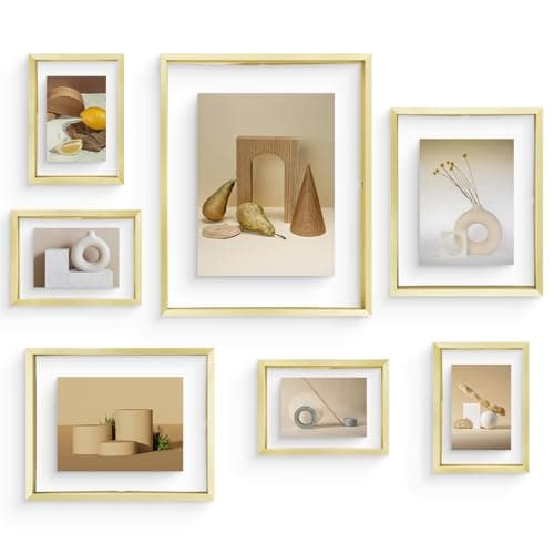 Frametory, Floating Picture Frames Set - Gold Metal Photo Frames - Real Glass - Displays One 11x14, Two 8x10, And Four 5x7 Inch Photos for Home Decoration