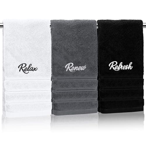 Ddeetodu 3 Pcs Bathroom Towels Decorative Set, Bathroom Decor Towels, Farmhouse Decorative Hand Towel, Embroidered 100% Cotton, Black Decoratives Towel for Bathrooms Boho Decor (Relax Renew Refresh)