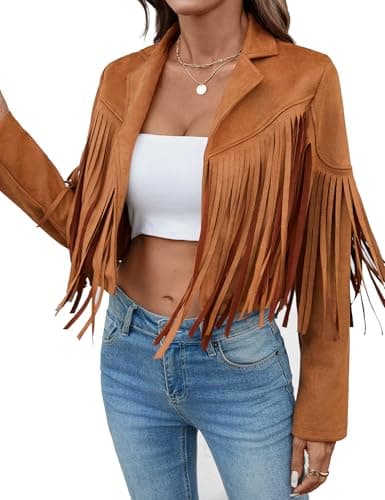 MATEAM Women's Faux Suede Leather Tassel Jackets With Lining Cropped Fringe Coats For Women Cowgirl 2025 Fall Western Outfit Tan S