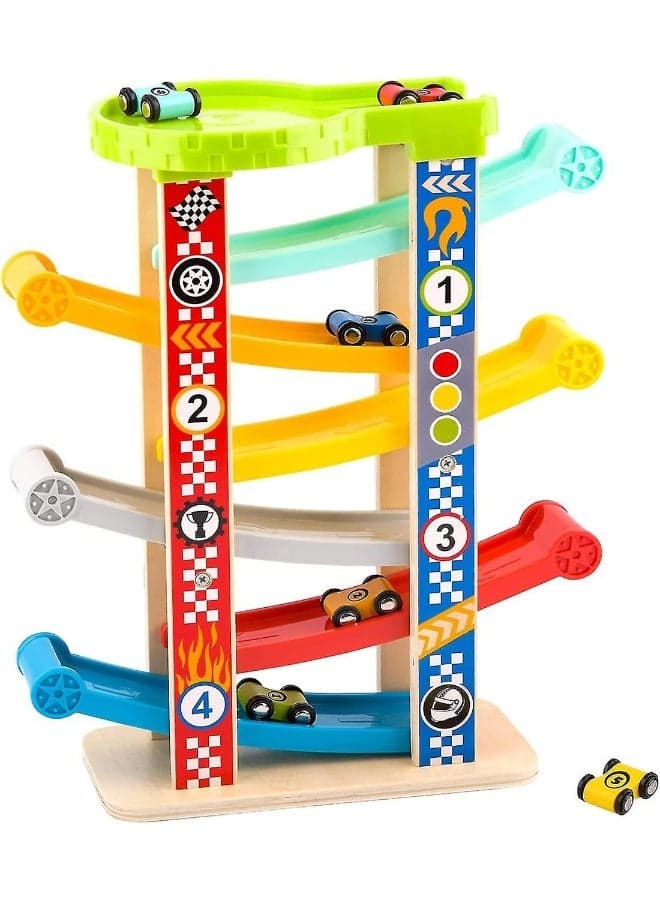 6 Mini Cars And Parking Wooden Car Ramp Toys