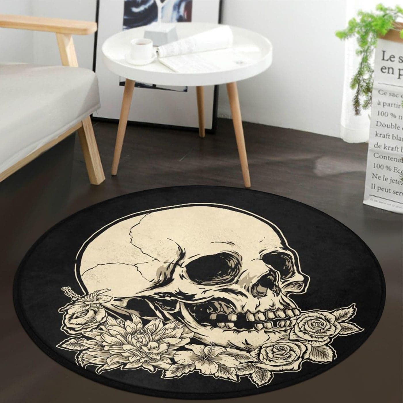 keepcute Round Skull Area Rug 6ft Skull Rose Flower Black Round Carpet NonSlip Rug Washable Floor Mats for Kitchen Bedroom Living Room 6 x 6 Round