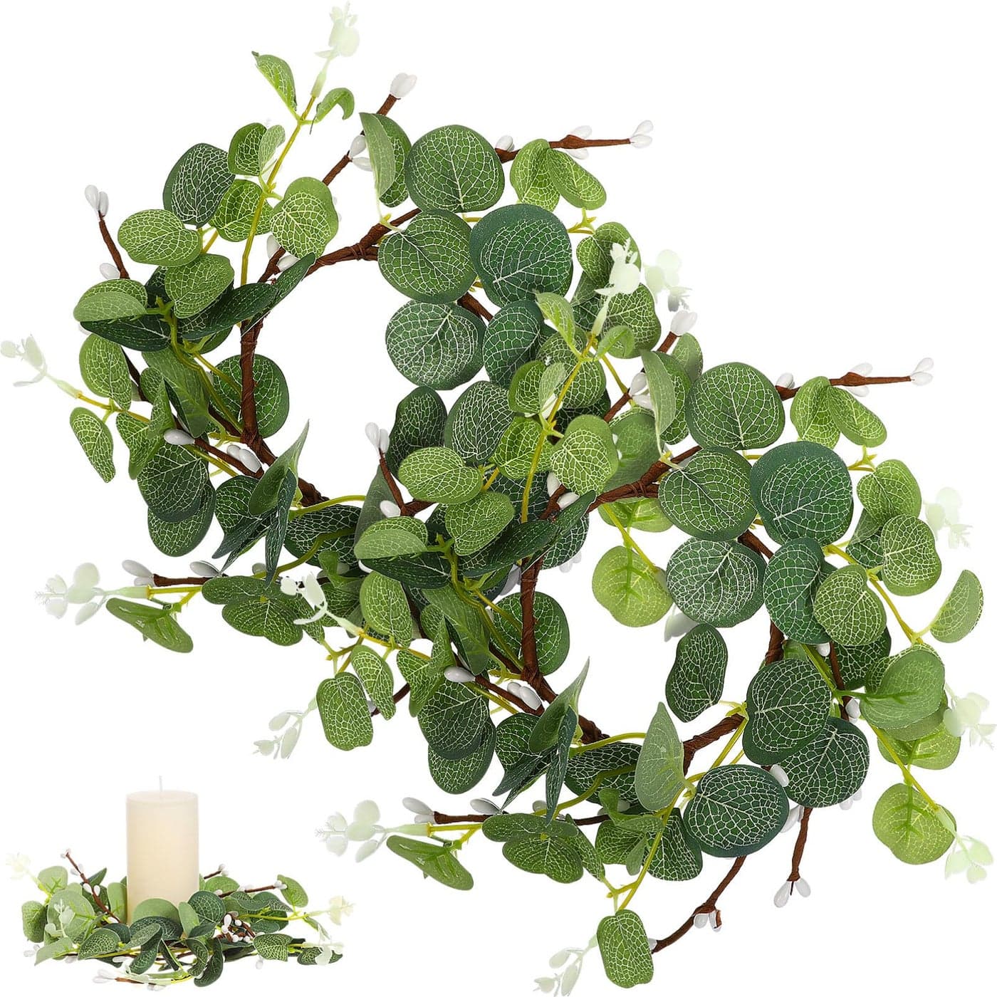Cabilock 2Pcs Artificial Eucalyptus Candle Rings Wreath Pillar Candles Holder Wreaths Greenery Green Leaves Decorative Easter Table Centerpiece for Home Decor