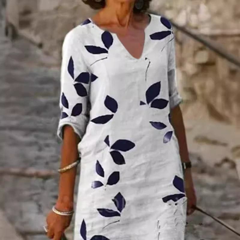 Cotton Linen Loose Printed Pullover Retro Mid-Length Dress Elegant Dress Women'S Dress