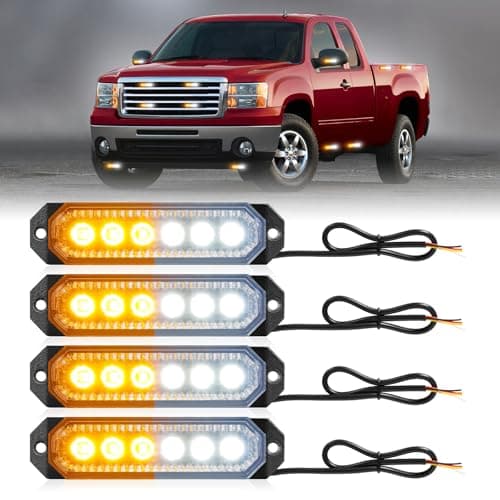 HLauto 406T Emergency Strobe Grille Lights 4Pcs 6 LED Sync Feature Safety Warning Flashing Light 12V24V Ultra Slim Surface Mount Hazard Caution Light for Truck Vehicle Car ATV UTV Amber White