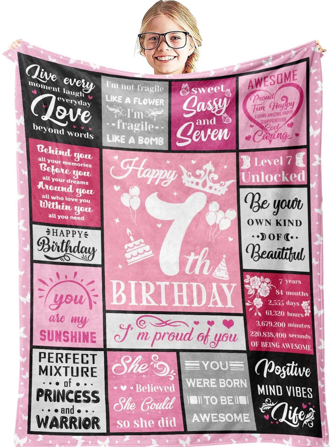 Hocgiwd Gifts for 7 Year Old Girls, 7 Year Old Girl Birthday Gifts, 7th Birthday Gift for Girls, 7th Birthday Decorations for Girl Blanket 60x50in