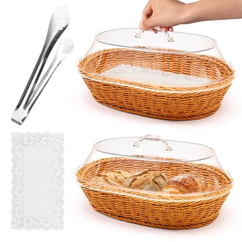 Rattan Bread Baskets 2 Pack Oval Woven Baskets with Acrylic Lids 1575 x 1181 inches Stainless Steel Tongs Lace Doilies for Bread Fruit Food Display