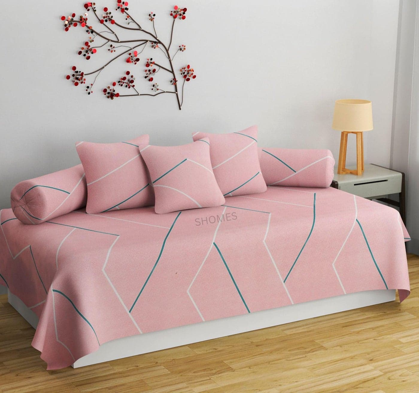 SHOMES Pure Soft Cotton Stripe Printed Diwan Set Covers 6 Pieces - 1 Single Bed Sheet (60 X 90) with 3 Cushion (16 X 16), 2 Bolster Covers (16 X 32) - Pink Color