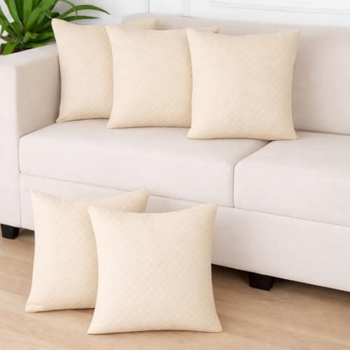 STITCHNEST Quilted Velvet Cushion Covers Set of 5 | Soft Beige | 12x12 Inches | Premium Sofa & Living Room Décor