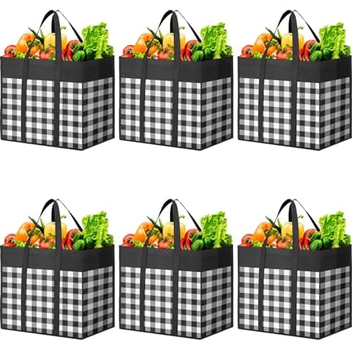 WOWBOX Reusable Grocery Bags6Pack Foldable Reusable Shopping Tote Bags bulk with Reinforced HandlesLarge Storage Bags with Water Resistant Coating for GroceriesMultipurposeBlackWhite
