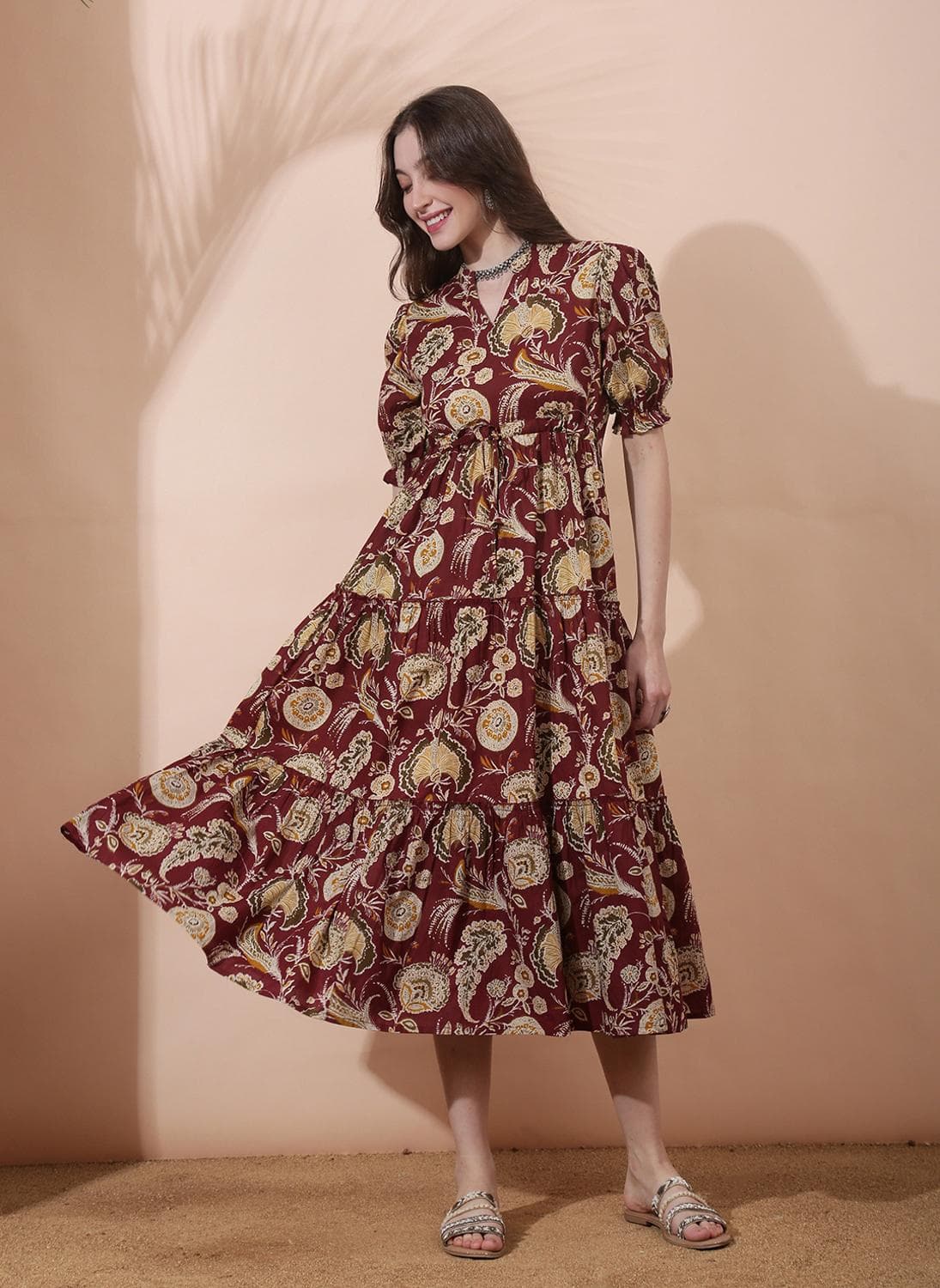 Globus Women's Maroon Floral Tiered Midi Dress with Mandarin Collar Puff Sleeves and Tie-Up Detail
