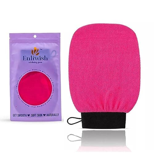 ENLIWISH Exfoliating Glove Mitt - Body Scrub for Bath Shower - Exfoliator Glove Visibly Lift Away Dead Skin - Tan Removal - 100% Viscose Deep Exfoliating Gloves for Soft Skin (Dark Pink)