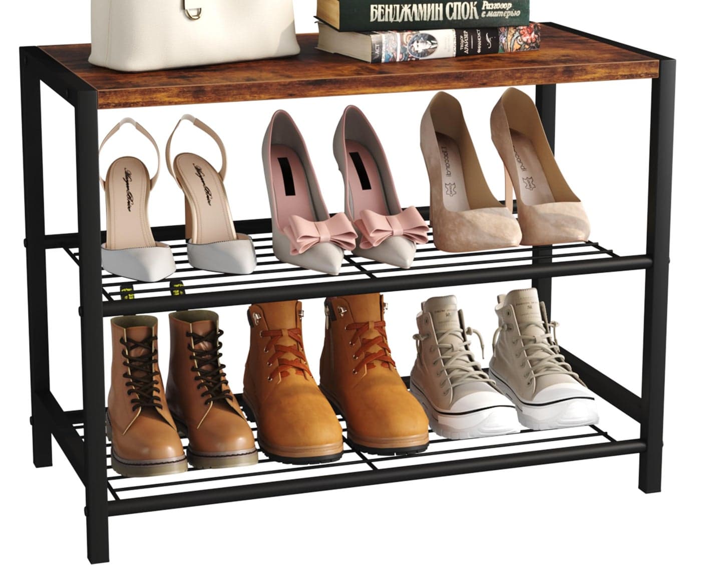 Yusong Shoe Rack Organizer 3 Tier Industrial Shoe Storage Shelf for Closet Entryway Narrow Sturdy Metal Shoe Shelves Rustic Brown