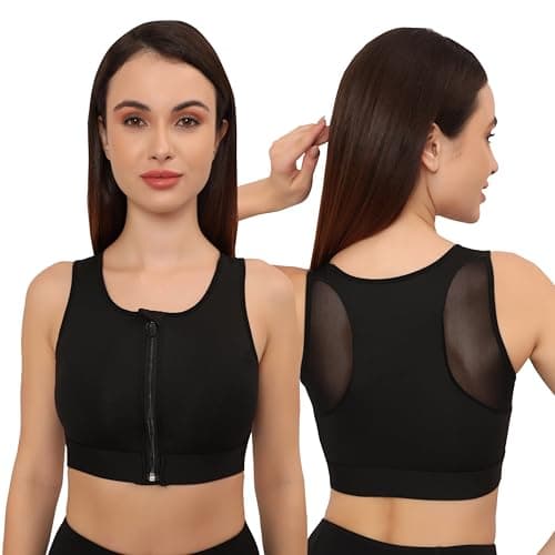 GLAMORAS Women's Sports Bra | Wirefree Full Coverage Sports Bra | High Impact Mesh Racerback Design with Front Zip, Cushion Straps & Removable Pads | Ideal for Gym, Yoga, Fitness Workouts (Black,XL)
