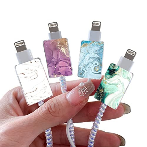 Marble Cable Protector for iPhone Type-c Charger,Sparkle Bling Marble Liquid Pattern 4 PCS Set Cable Protector for Women Girls Kids,Cable Chomper,Phone Charger Saver-Blue/White/Green/Purple
