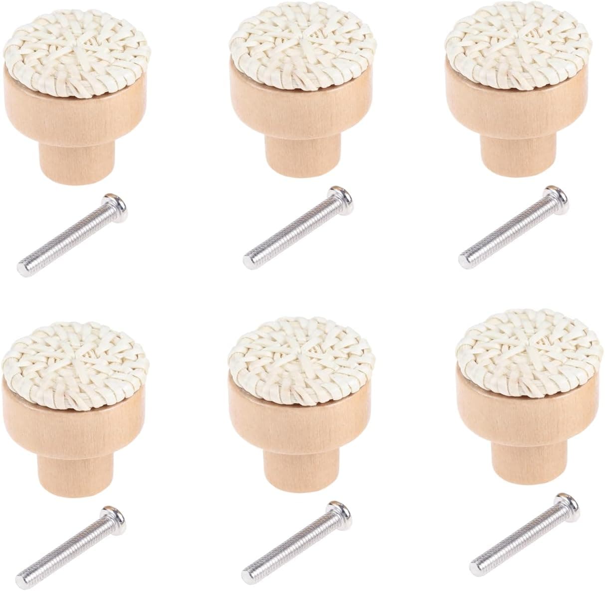 dophee 6Pcs Wood Rattan Knobs Wooden Drawer Knobs Handmade Woven Boho Wicker Pulls for Dresser Kitchen Cabinet Wardrobes Shoe Cabinets Doors Furniture Hardware 30mm White