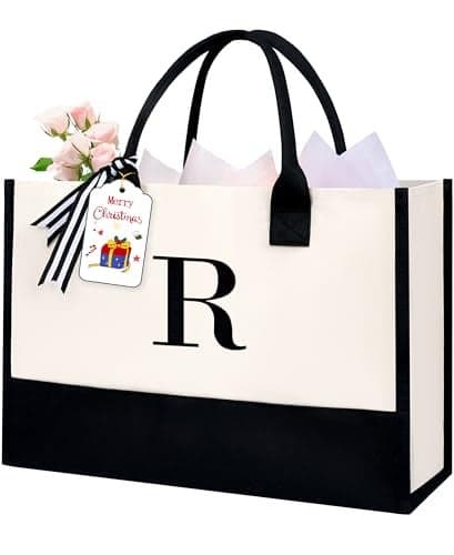 BAGAIL Initial Tote Bag, Personalized Birthday Gifts for Women, Teacher, Friends, Mom, Wedding, Monogrammed Beach Bag(Ivory-1pcs, R)