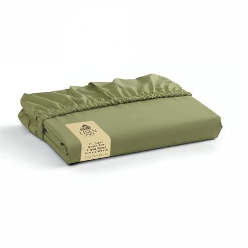 Linen Home 100% Cotton Percale Weave Fitted Sheet, Queen Size, Oil Green, 1 Deep Pocket Fitted Sheet, Fits Mattress Upto 16" Crisp and Cool Strong Bed Linen, 60"X80"+15"