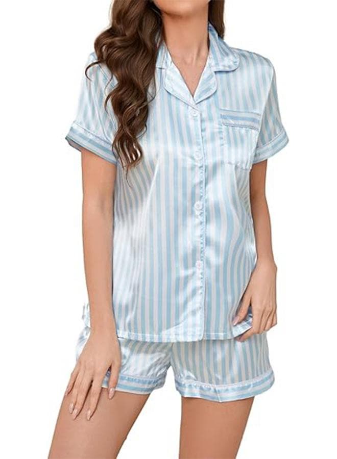 Light Blue Striped Piping Shirt and Shorts Set