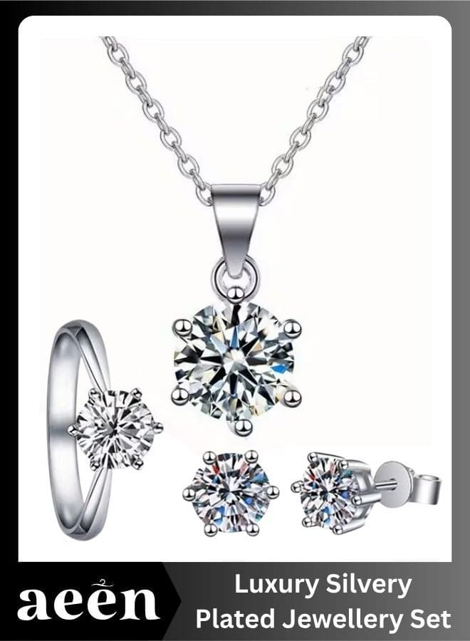 Luxury Silvery-Plated Jewellery Set for Women – Classic 6-Claw Necklace, Earrings, and Ring, Elegant Wedding and Special Occasion Accessories
