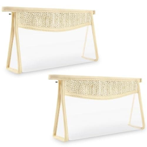 2Pcs Boho Patch Bag Clear Makeup Letter Bag Waterproof Zipper Make up Bags Toiletry Pouch for Women Girls Hollow Woven Clear Letter Patch Cosmetic Bags Transparent Organizer Pouch for Travel