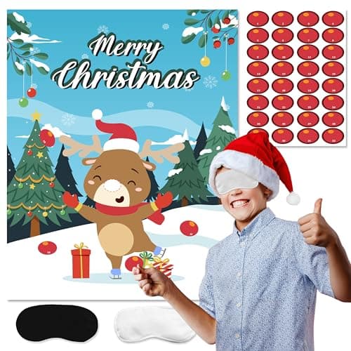 TYHJOY Christmas Party Games for Kids Families Pin The Nose on The Reindeer Sticker Game Christmas Activities for Kids Adults Xmas Holiday Party Favors