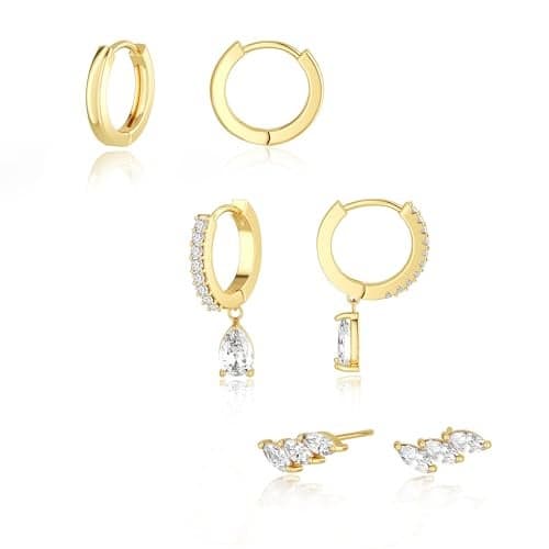 Freekiss Gold Hoop Earrings for Women: Dainty Dangle Earrings 14K Gold Plated Hypoallergenic Stud Earring Set Small Hoop Diamond Huggie Tear Drop Earrings Fashion Jewelry for Women Gifts