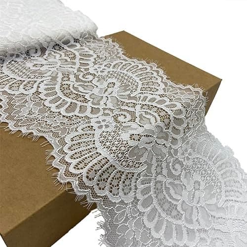 7 Inches Wide White Stretch Lace Fabric with Eyelash Elastic Lace Trim Ribbon for Bridal Wedding Decorations Sewing DIY Making and DIY Crafts 5 Yards 9184 White
