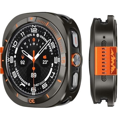 Suphart Metal Cover Compatible with Samsung Galaxy Watch Ultra Case 2025/2024, 2 in 1 Protective Rugged Bumper with Back Frame for Galaxy Watch 47mm (Graphite/Orange)