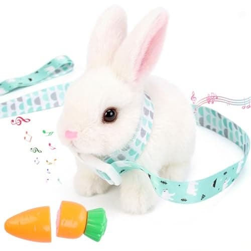 Easter Bunny ToyBunny My Realistic Bunny ToyHopping Rabbit Plush Bunny Toywith Sounds and Movements Animated Walking Wiggle Ears Twitch Nose Gift for Toddlers BirthdayWhite Rabbit Leash