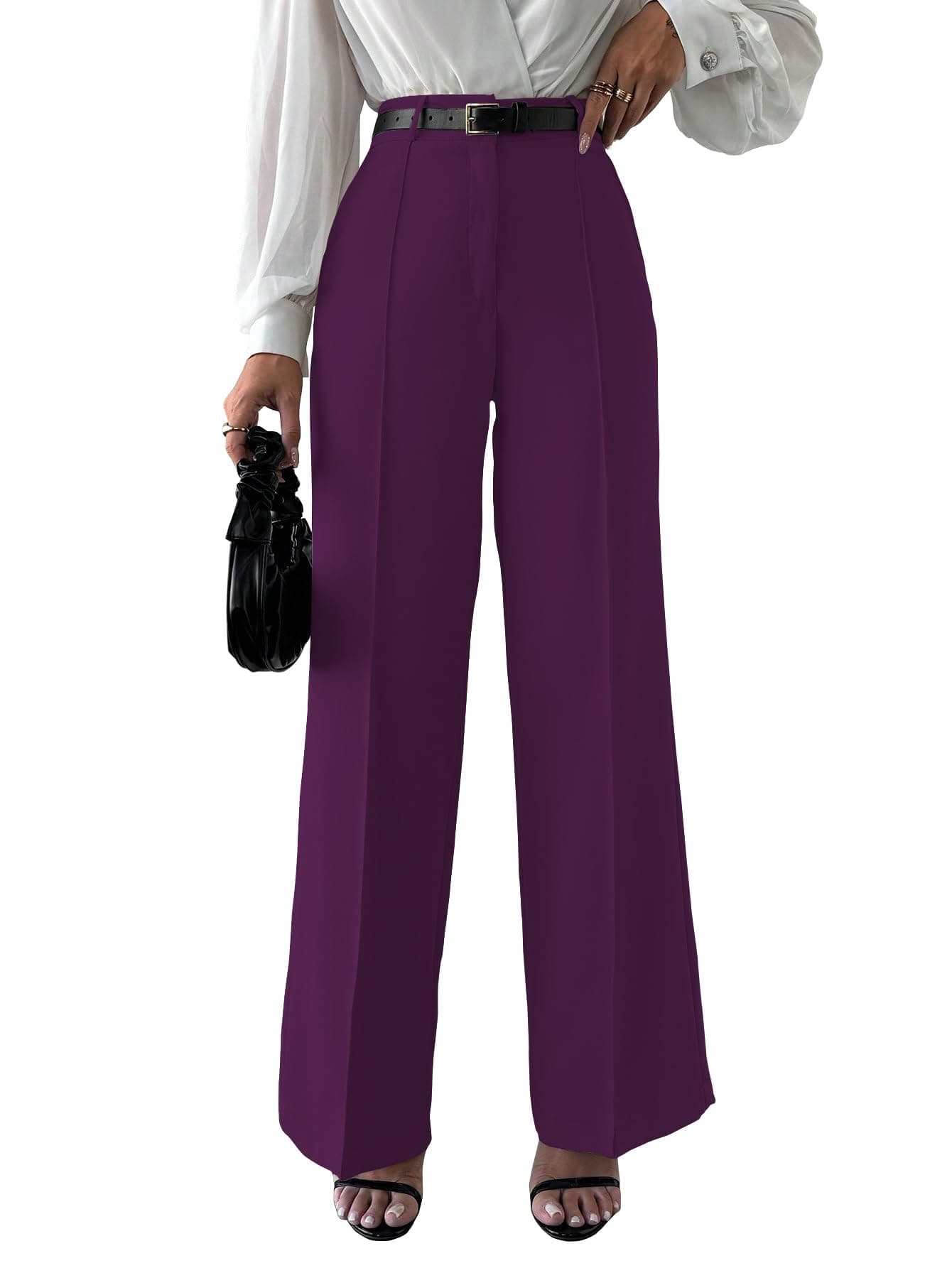 Shasmi Women's Trousers | High-Waisted Silhouette with Elegant Pleated Front | Functional Side Pockets | Secure Button Closure | Perfect Style for Both Office and Casual Settings (171 Wine-L)
